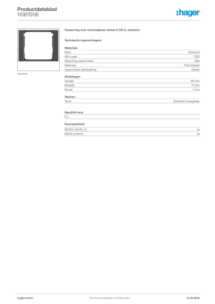 Afbeelding Hager Productdatablad 11087006 | Hager Nederland
