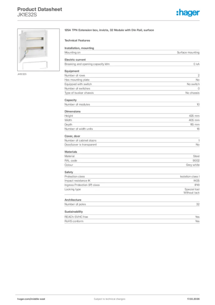Image Hager Product data sheet JK1E32S  | Hager
