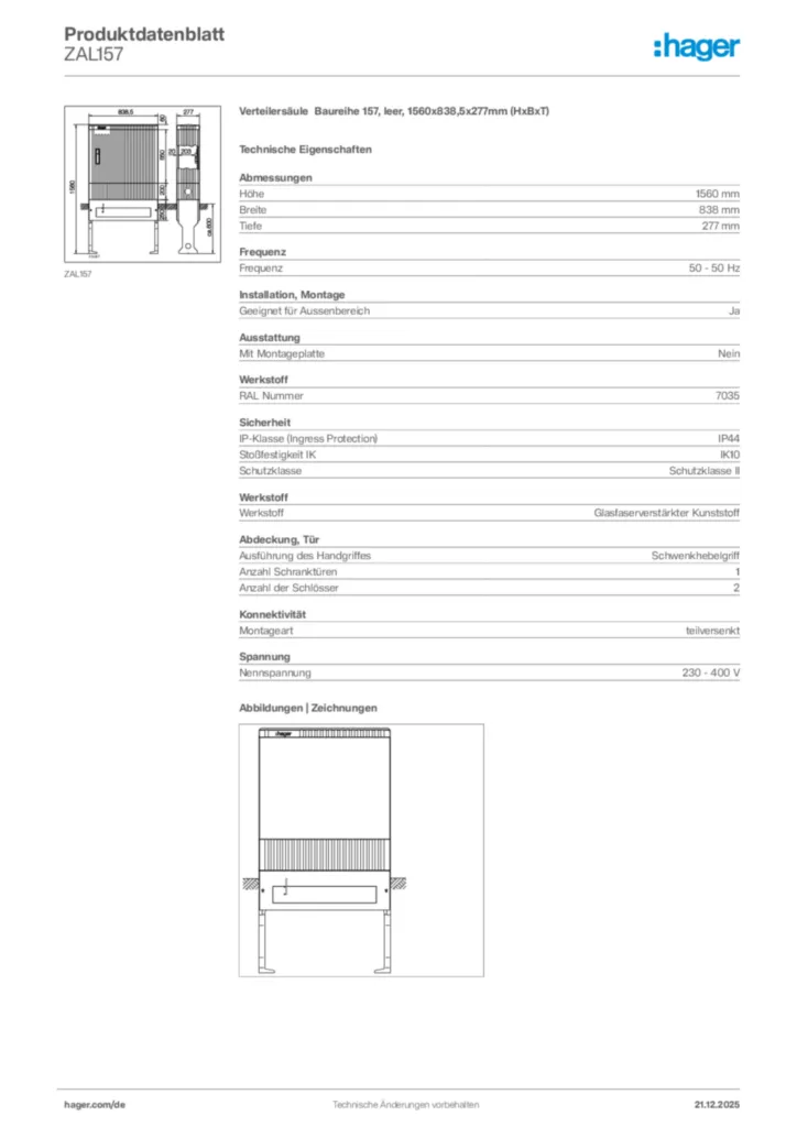 Bild Hager Produktdatenblatt ZAL157 | Hager Deutschland
