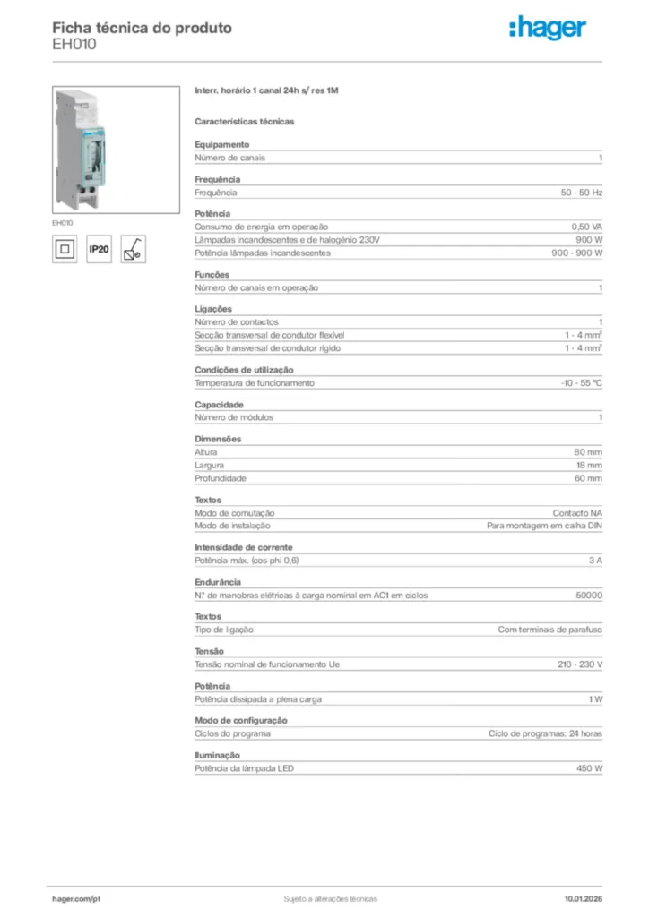 Imagem Hager Ficha técnica do produto EH010 | Hager Portugal