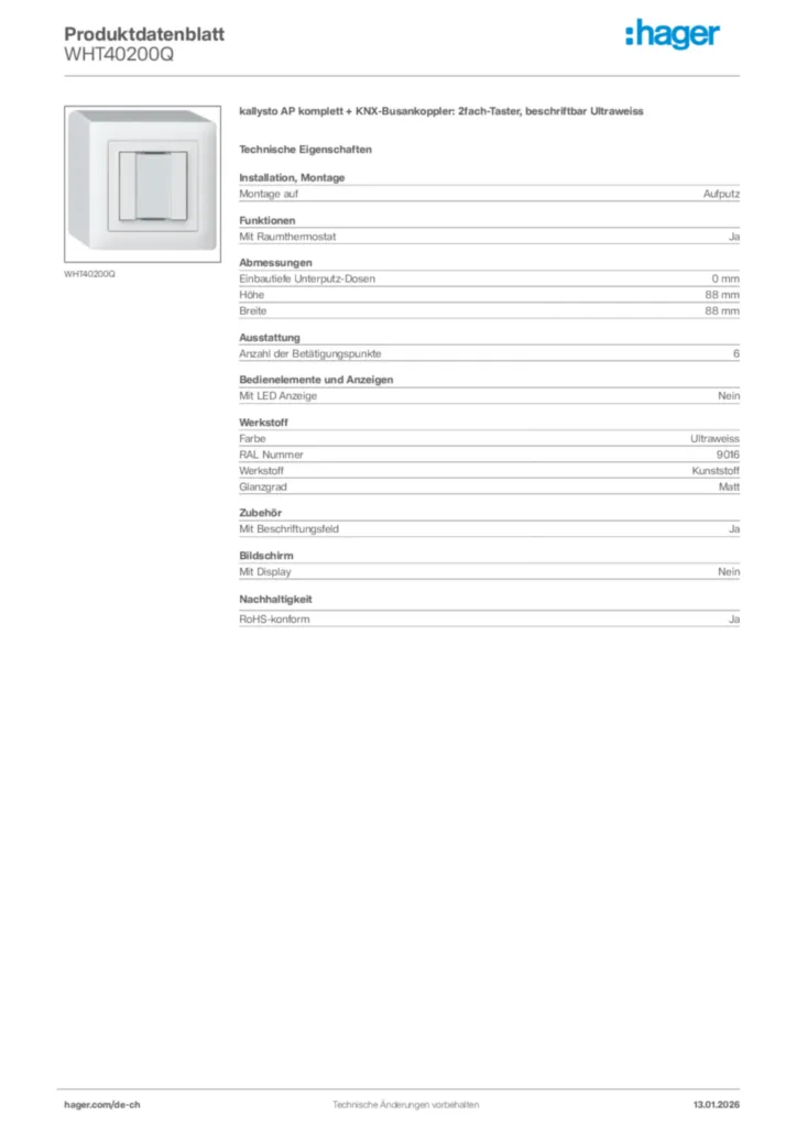 Bild Hager Produktdatenblatt WHT40200Q | Hager Schweiz