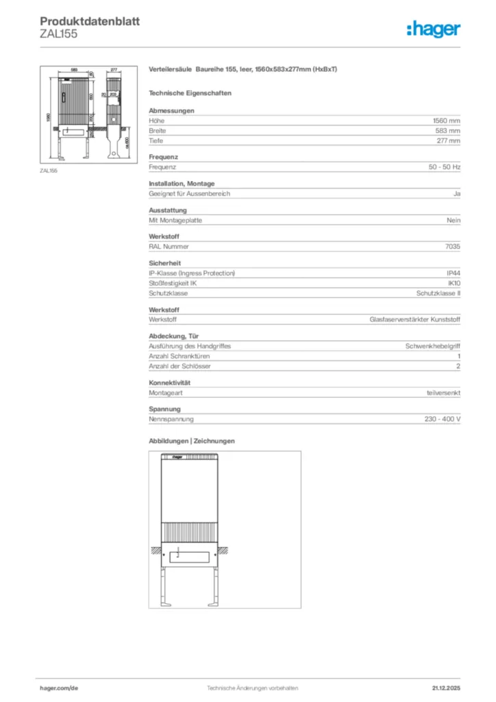 Bild Hager Produktdatenblatt ZAL155 | Hager Deutschland