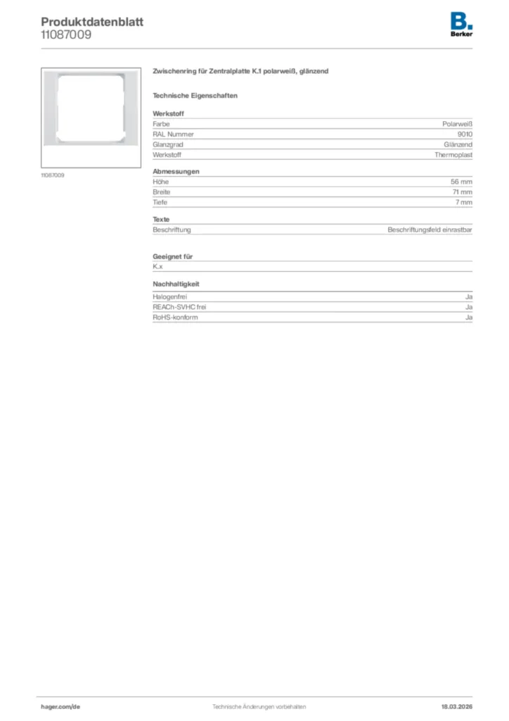 Bild Berker Produktdatenblatt 11087009 | Hager Deutschland