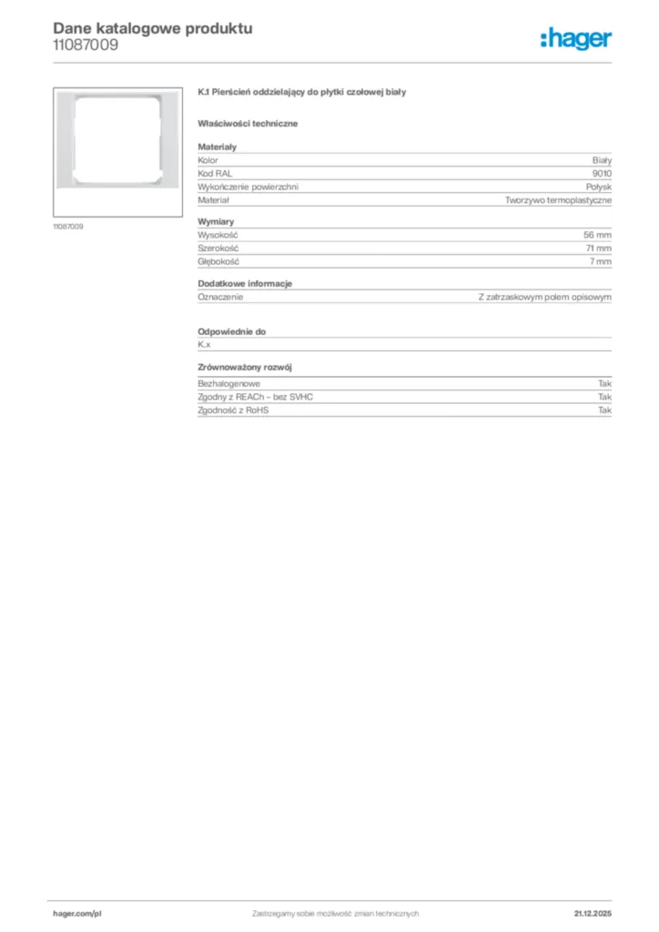 Zdjęcie Hager Dane katalogowe produktu 11087009 | Hager Polska