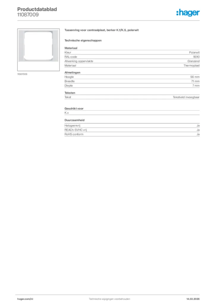 Afbeelding Hager Productdatablad 11087009 | Hager Nederland