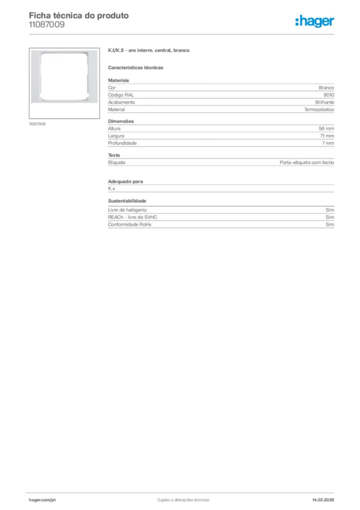 Imagem Hager Ficha técnica do produto 11087009 | Hager Portugal