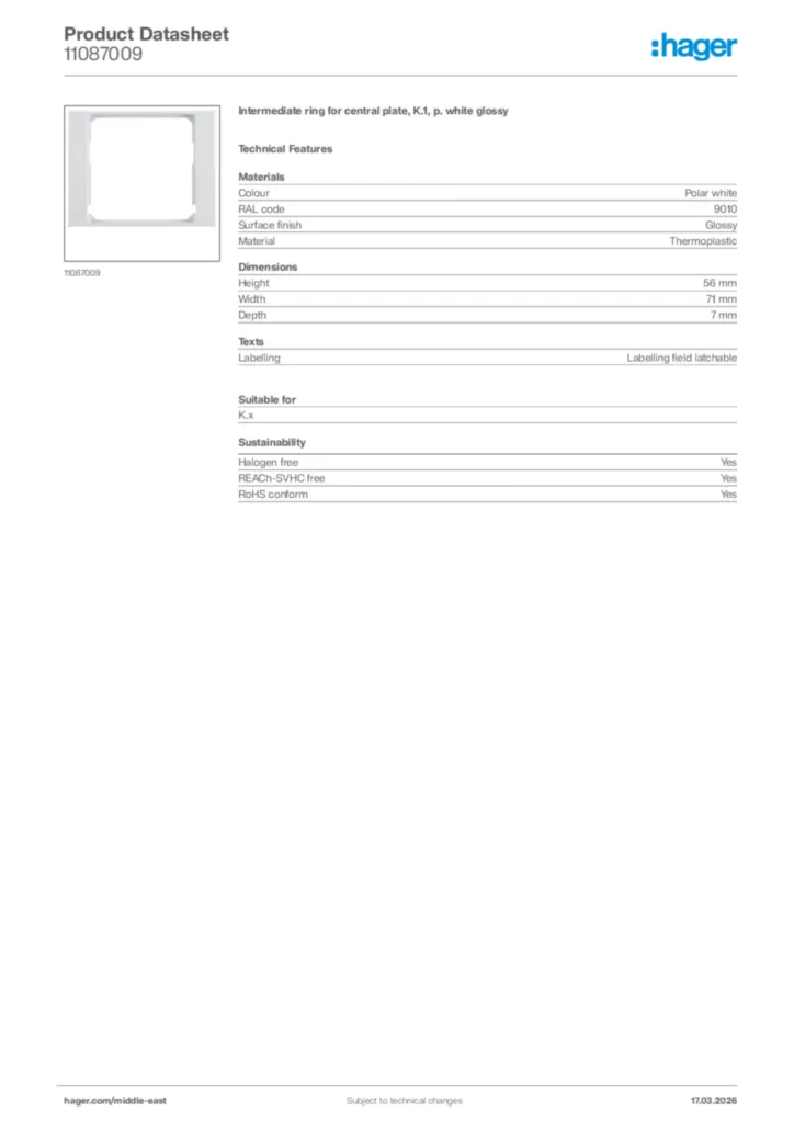 Image Hager Product data sheet 11087009  | Hager