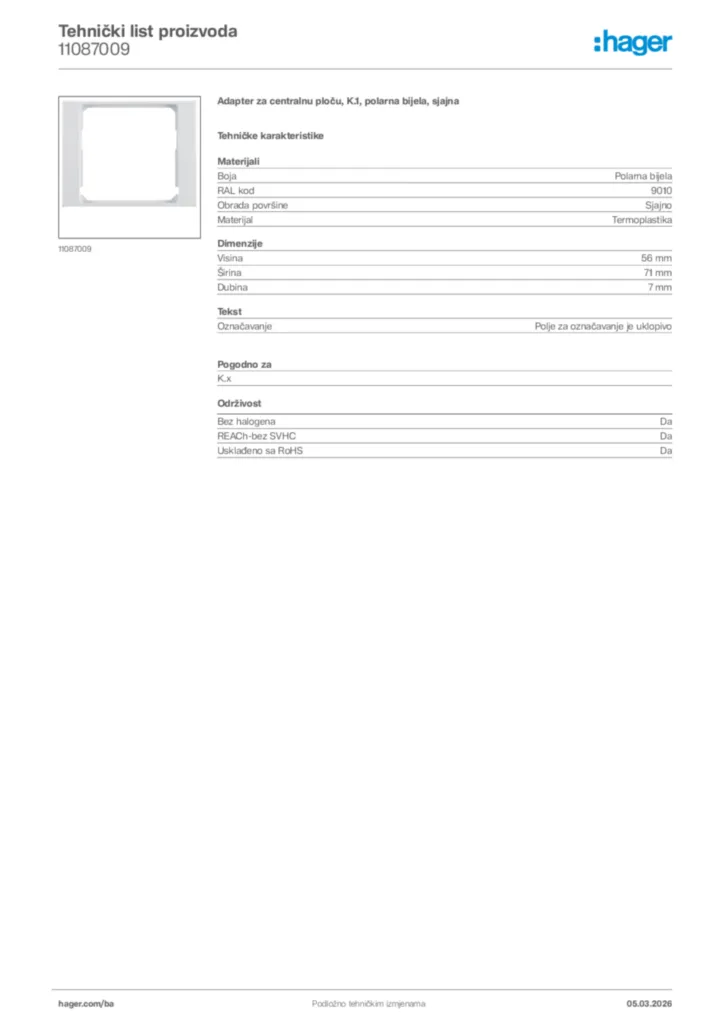 Slika Hager Tehnički list proizvoda 11087009  | Hager