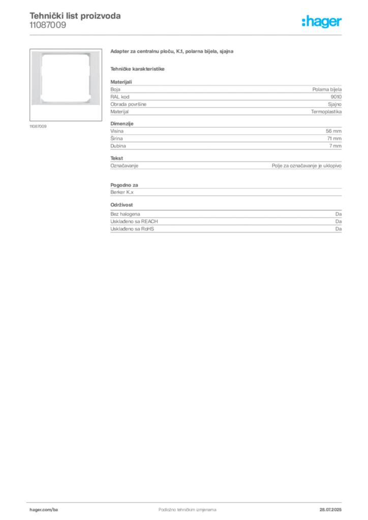 Slika Hager Product data sheet 11087009  | Hager