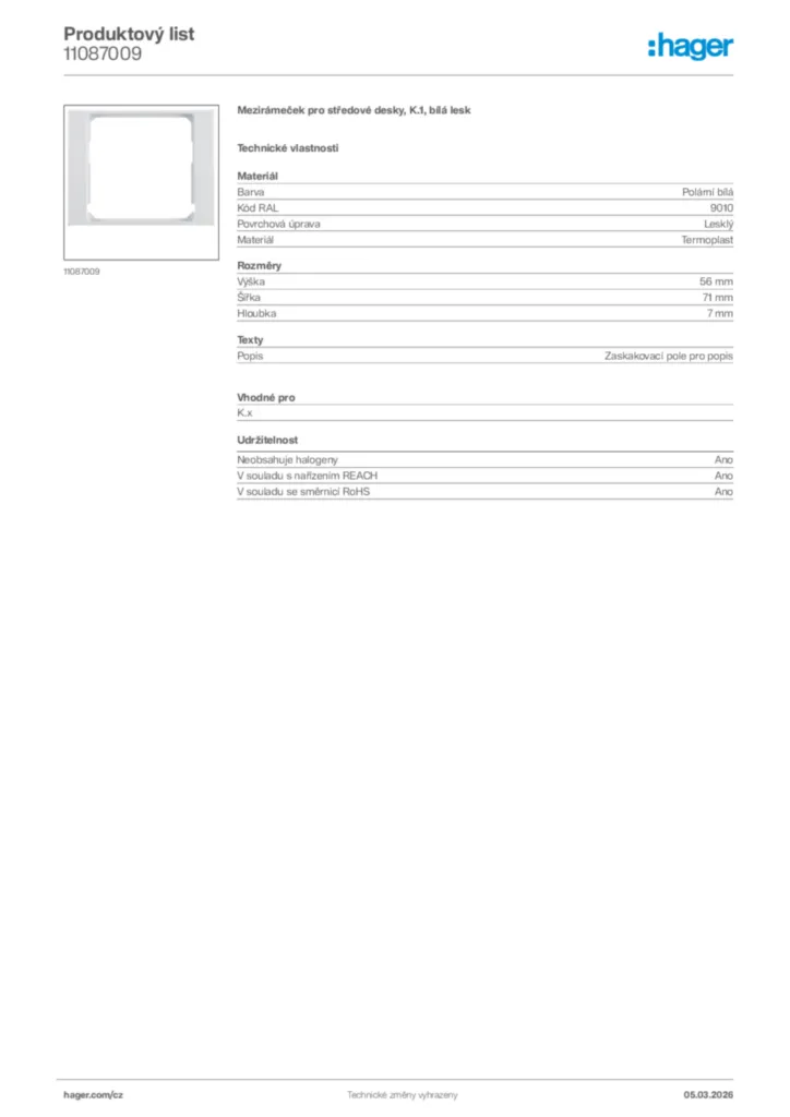 Obrázek Hager Product data sheet 11087009 | Hager