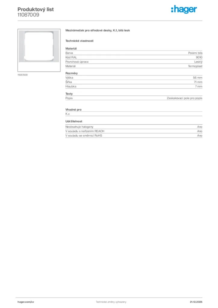 Obrázek Hager Produktový list 11087009 | Hager