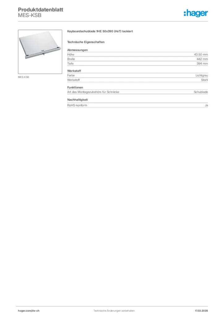 Bild Hager Produktdatenblatt MES-KSB | Hager Schweiz