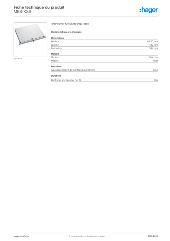 Image Hager Fiche technique du produit MES-KSB | Hager Suisse