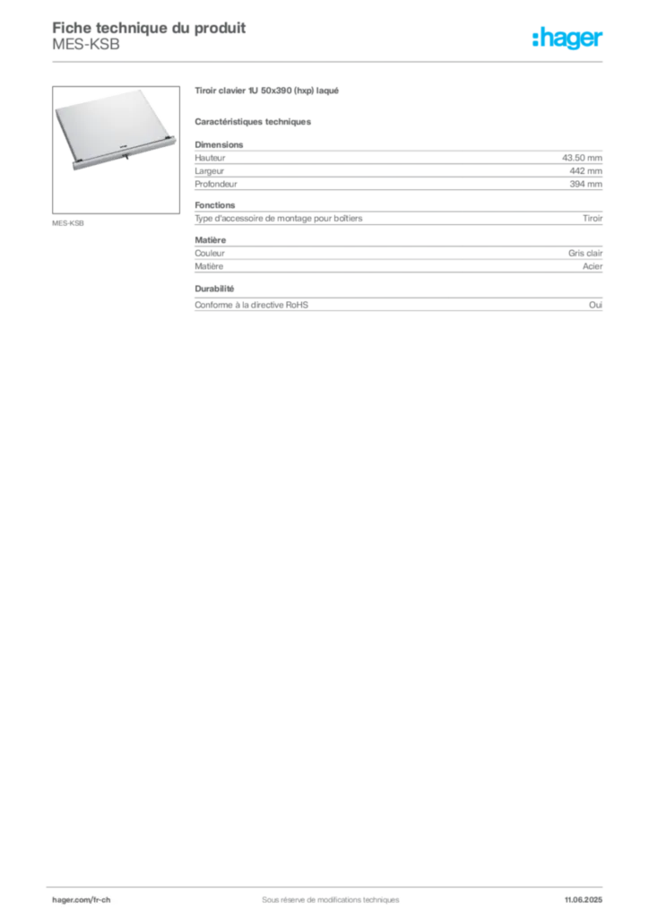 Image Hager Fiche technique du produit MES-KSB | Hager Suisse