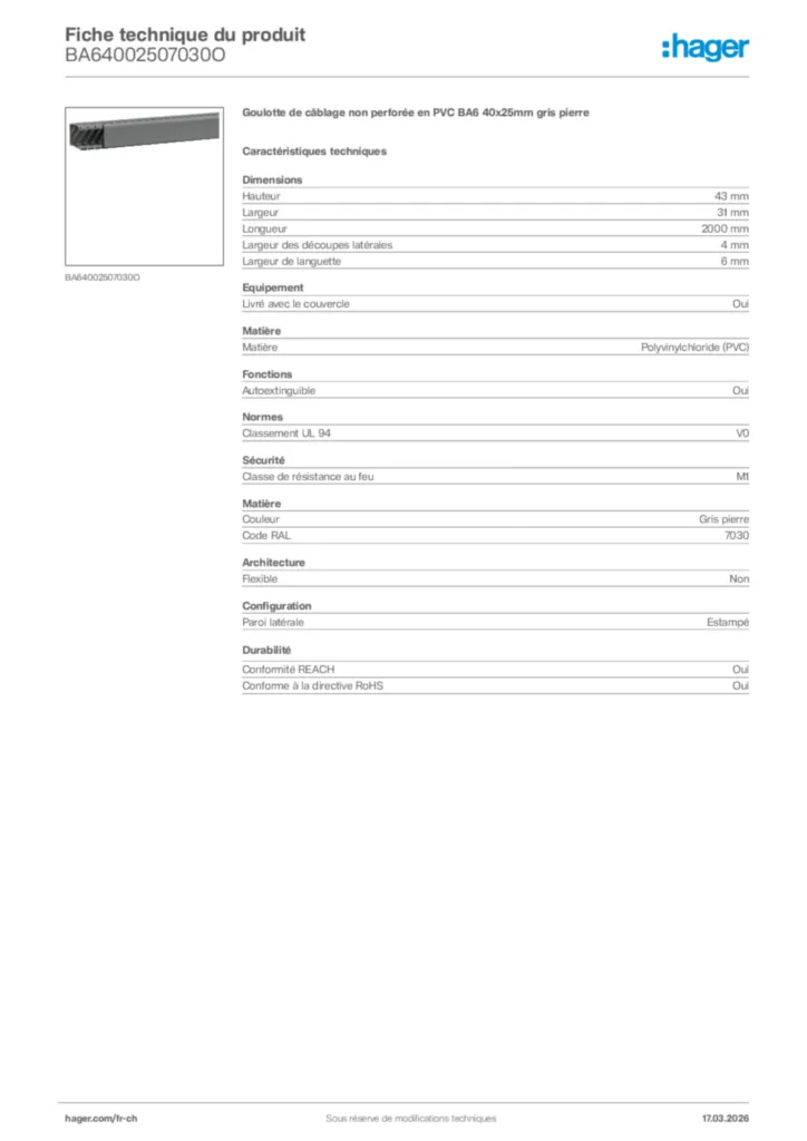 Image Hager Fiche technique du produit BA64002507030O | Hager Suisse