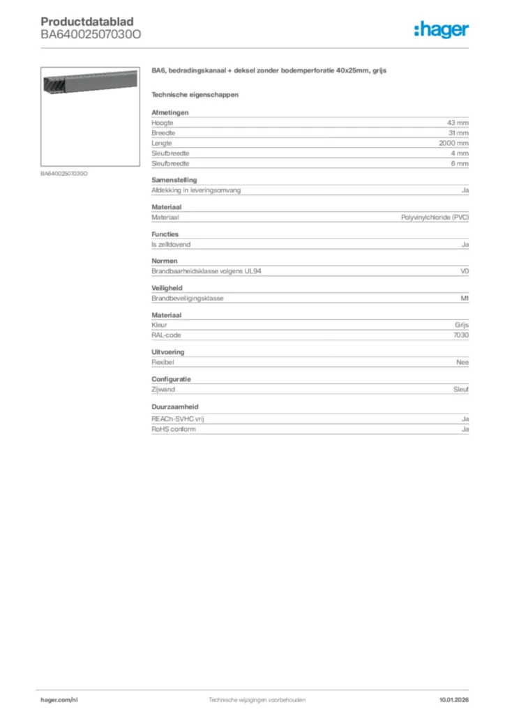 Afbeelding Hager Productdatablad BA64002507030O | Hager Nederland