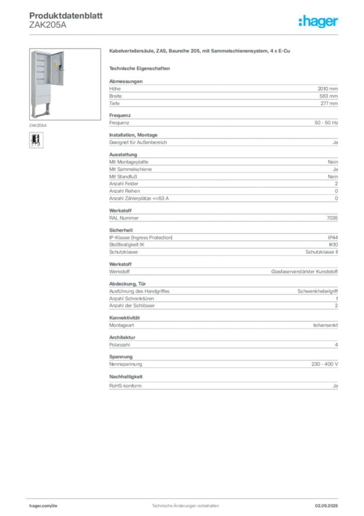 Hager Produktdatenblatt ZAK205A