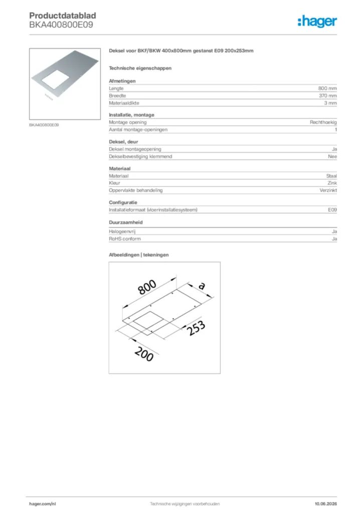 Afbeelding Hager Productdatablad BKA400800E09 | Hager Nederland
