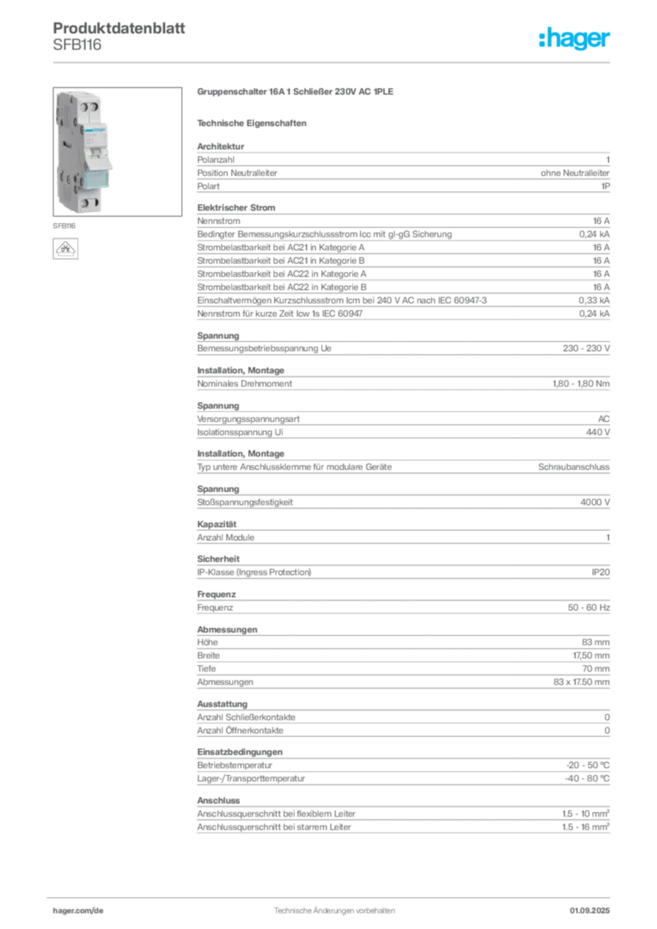 Bild Hager Produktdatenblatt SFB116 | Hager Deutschland