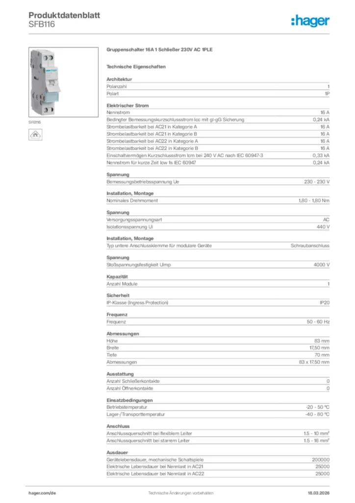 Bild Hager Produktdatenblatt SFB116 | Hager Deutschland