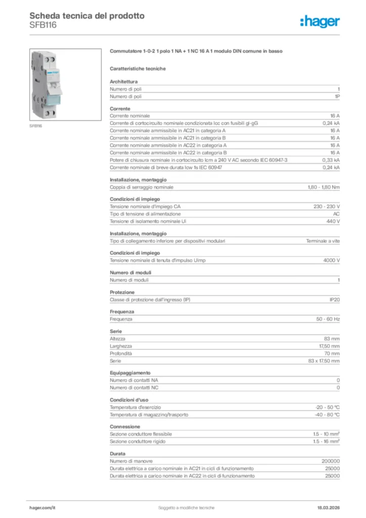 Immagine Hager Scheda tecnica del prodotto SFB116 | Hager Italia