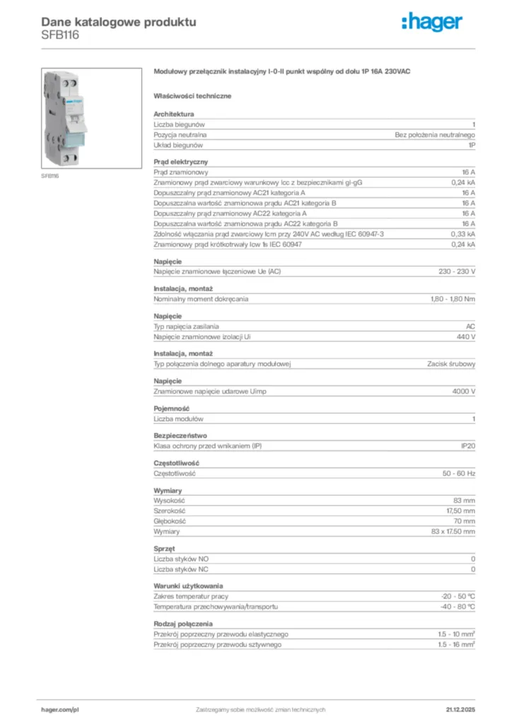 Zdjęcie Hager Karta katalogowa SFB116 | Hager Polska