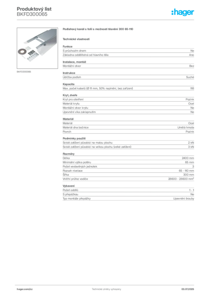 Obrázek Hager Produktový list BKFD300065 | Hager