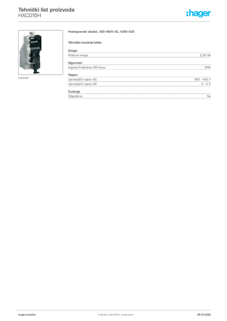 Slika Hager Product data sheet HXC015H  | Hager