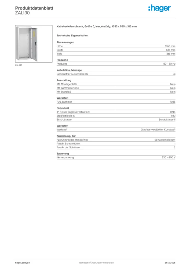 Bild Hager Produktdatenblatt ZAL130 | Hager Deutschland
