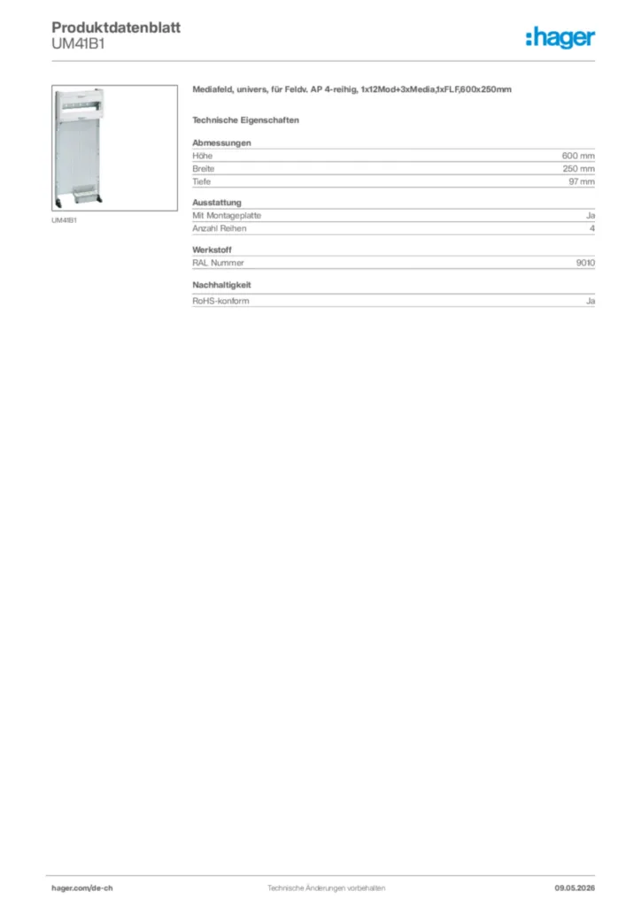 Bild Hager Produktdatenblatt UM41B1 | Hager Schweiz
