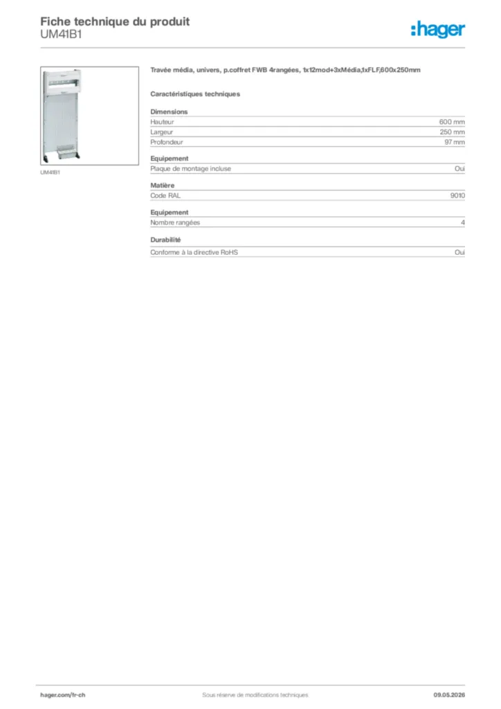 Image Hager Fiche technique du produit UM41B1 | Hager Suisse