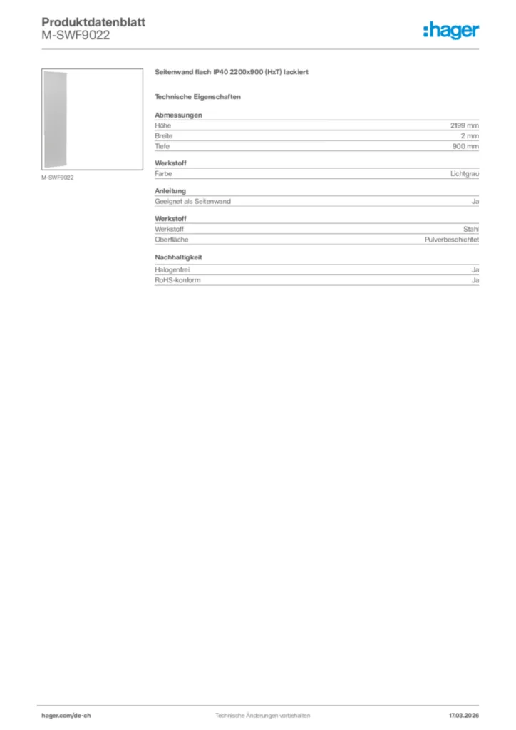 Bild Hager Produktdatenblatt M-SWF9022 | Hager Schweiz