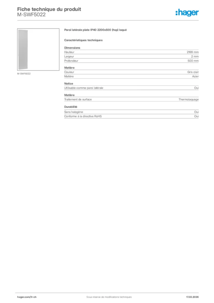 Image Hager Fiche technique du produit M-SWF5022 | Hager Suisse