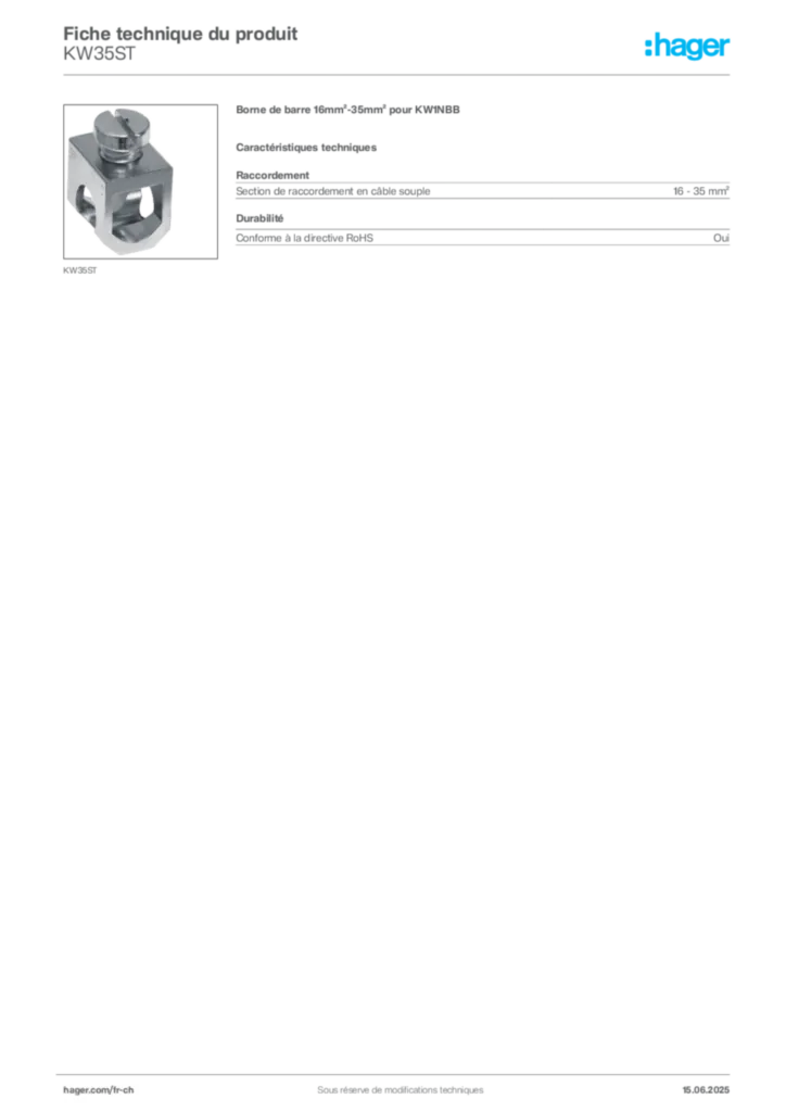 Image Hager Fiche technique du produit KW35ST | Hager Suisse
