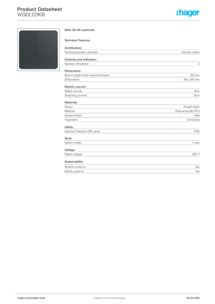 Image Hager Product data sheet WGDL121KB  | Hager