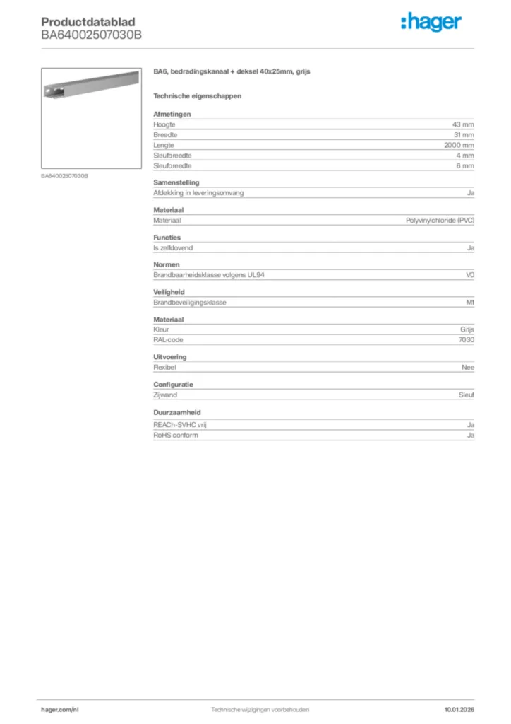 Afbeelding Hager Productdatablad BA64002507030B | Hager Nederland
