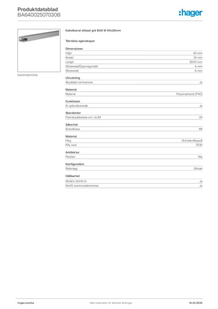 Bild Hager Produktdatablad BA64002507030B | Hager Sverige