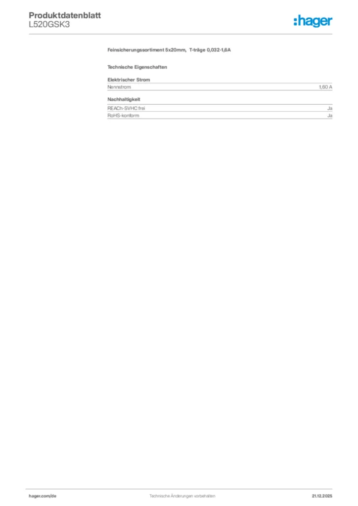 Bild Hager Produktdatenblatt L520GSK3 | Hager Deutschland