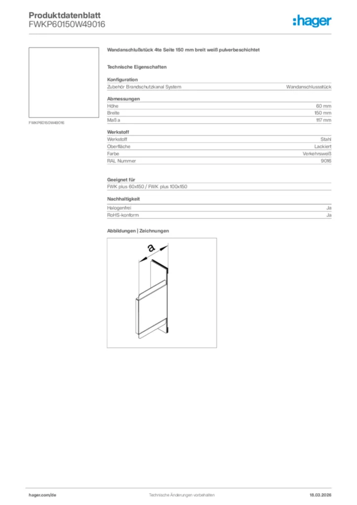 Bild Hager Produktdatenblatt FWKP60150W49016 | Hager Deutschland