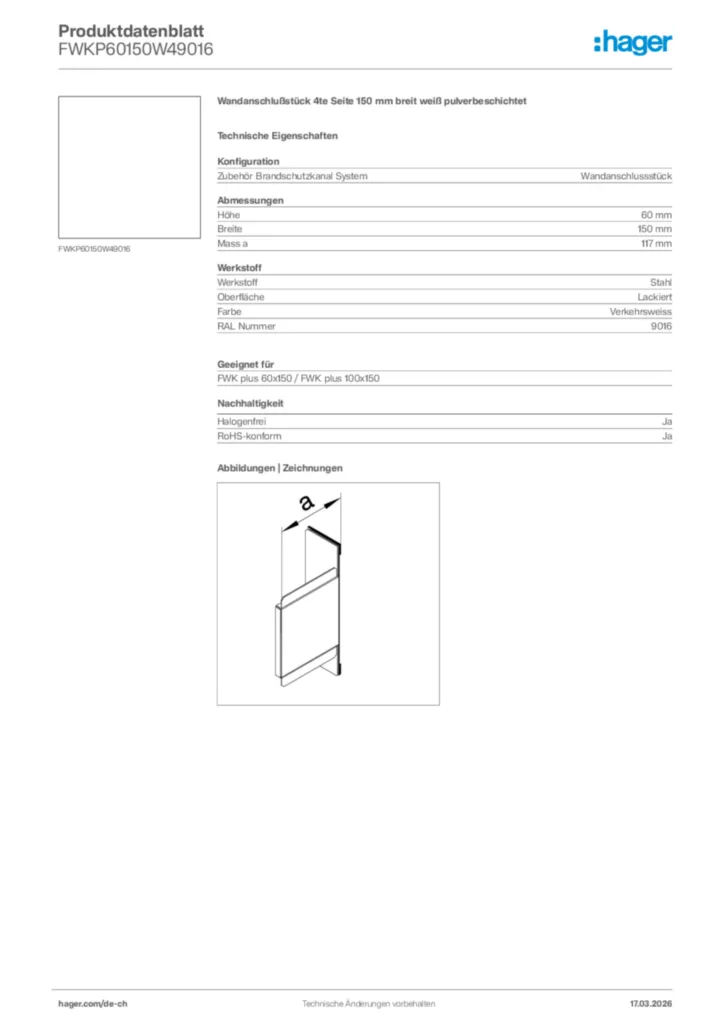 Bild Hager Produktdatenblatt FWKP60150W49016 | Hager Schweiz