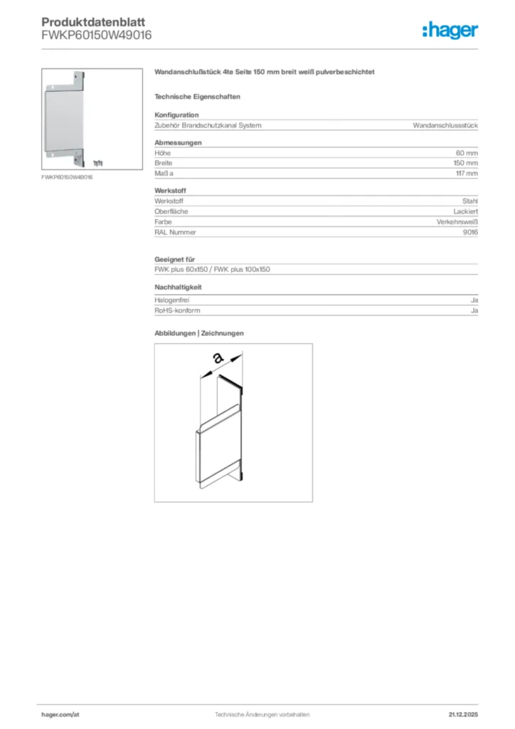 Bild Hager Produktdatenblatt FWKP60150W49016 | Hager Deutschland