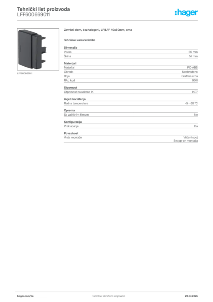 Slika Hager Product data sheet LFF600669011  | Hager