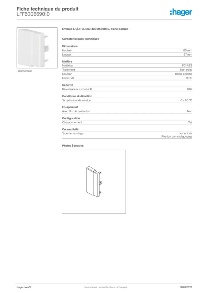 Image Hager Fiche technique du produit LFF600669010 | Hager France