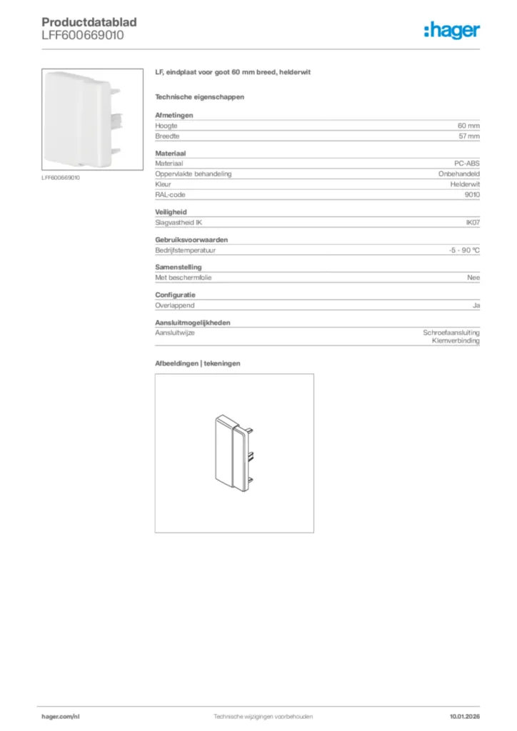 Afbeelding Hager Productdatablad LFF600669010 | Hager Nederland