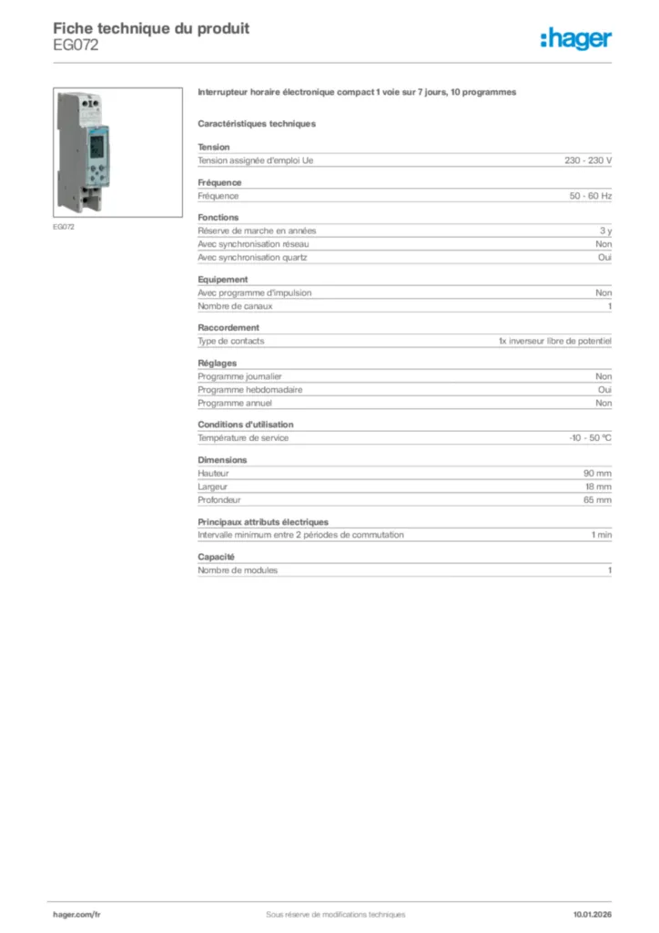 Image Hager Fiche technique du produit EG072 | Hager France