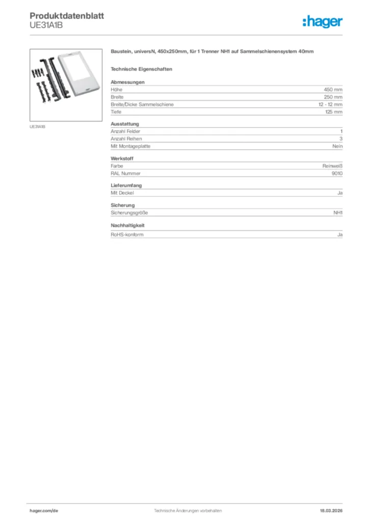 Bild Hager Produktdatenblatt UE31A1B | Hager Deutschland