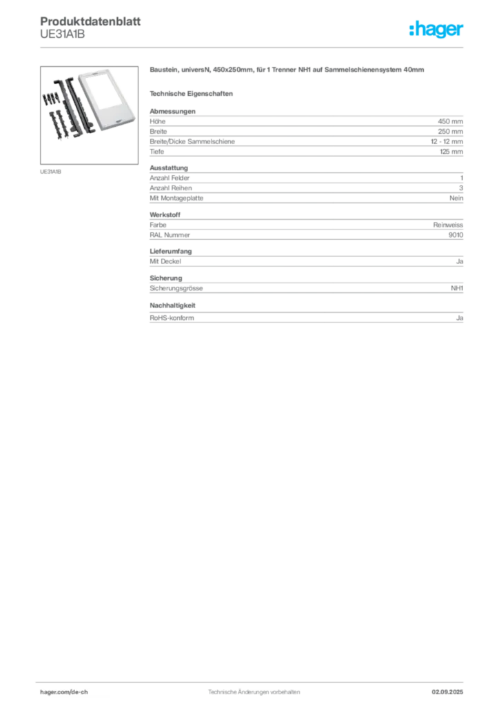 Bild Hager Produktdatenblatt UE31A1B | Hager Schweiz