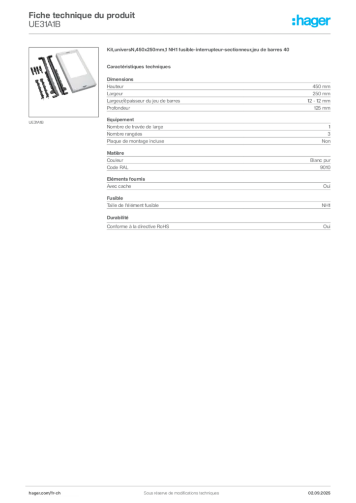 Image Hager Fiche technique du produit UE31A1B | Hager Suisse