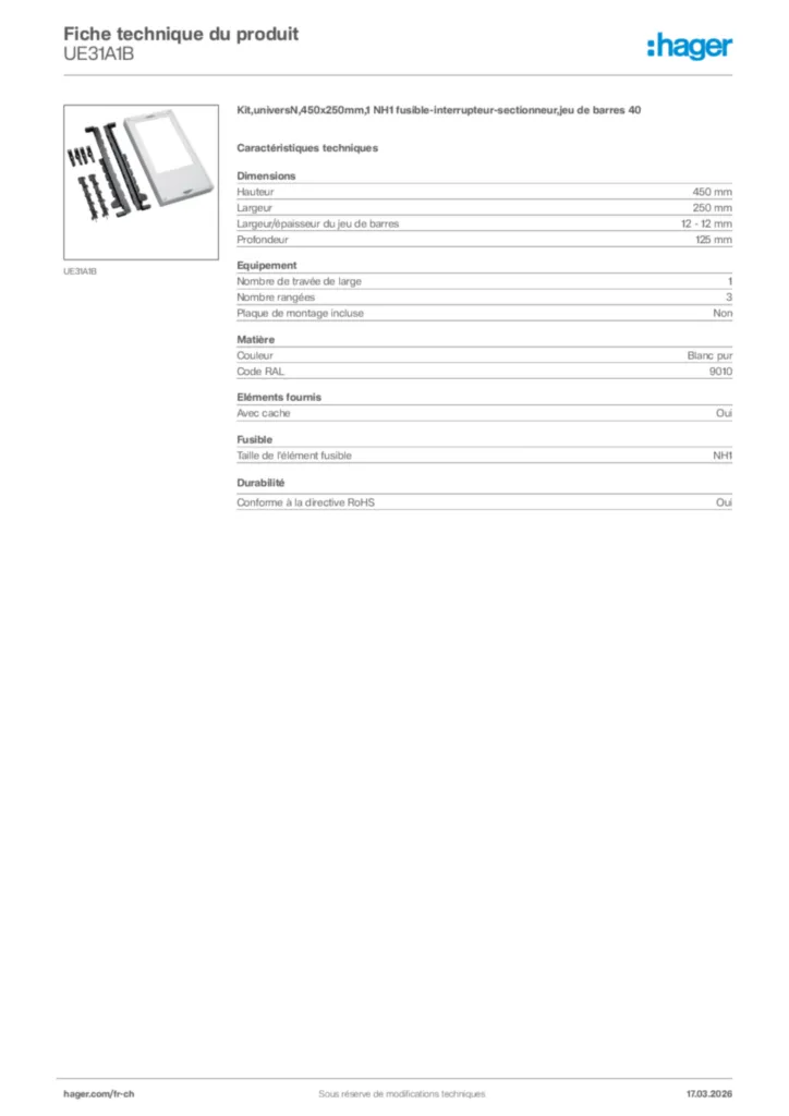 Image Hager Fiche technique du produit UE31A1B | Hager Suisse