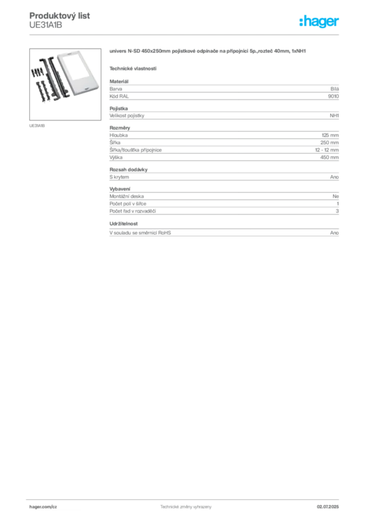Obrázek Hager Produktový list UE31A1B | Hager